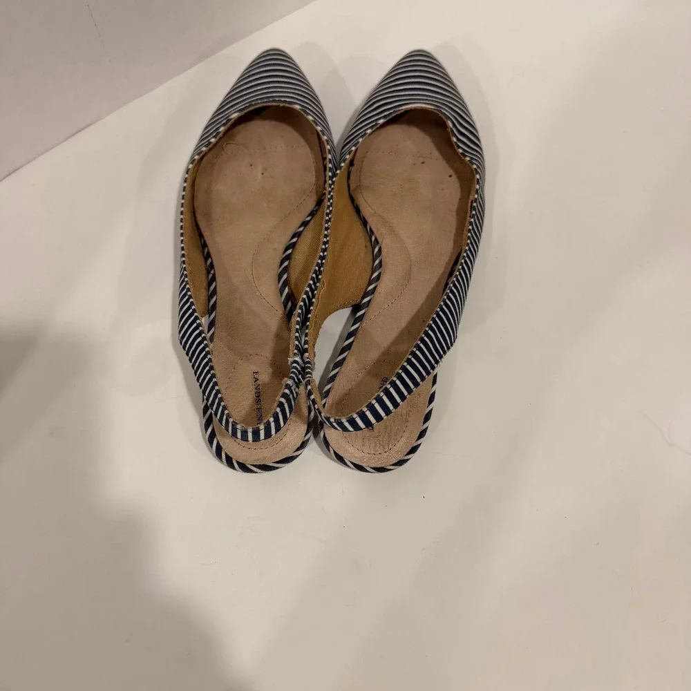 Lands End Navy White Striped Slingback Pointed Toe Flats Shoes 8B 440739